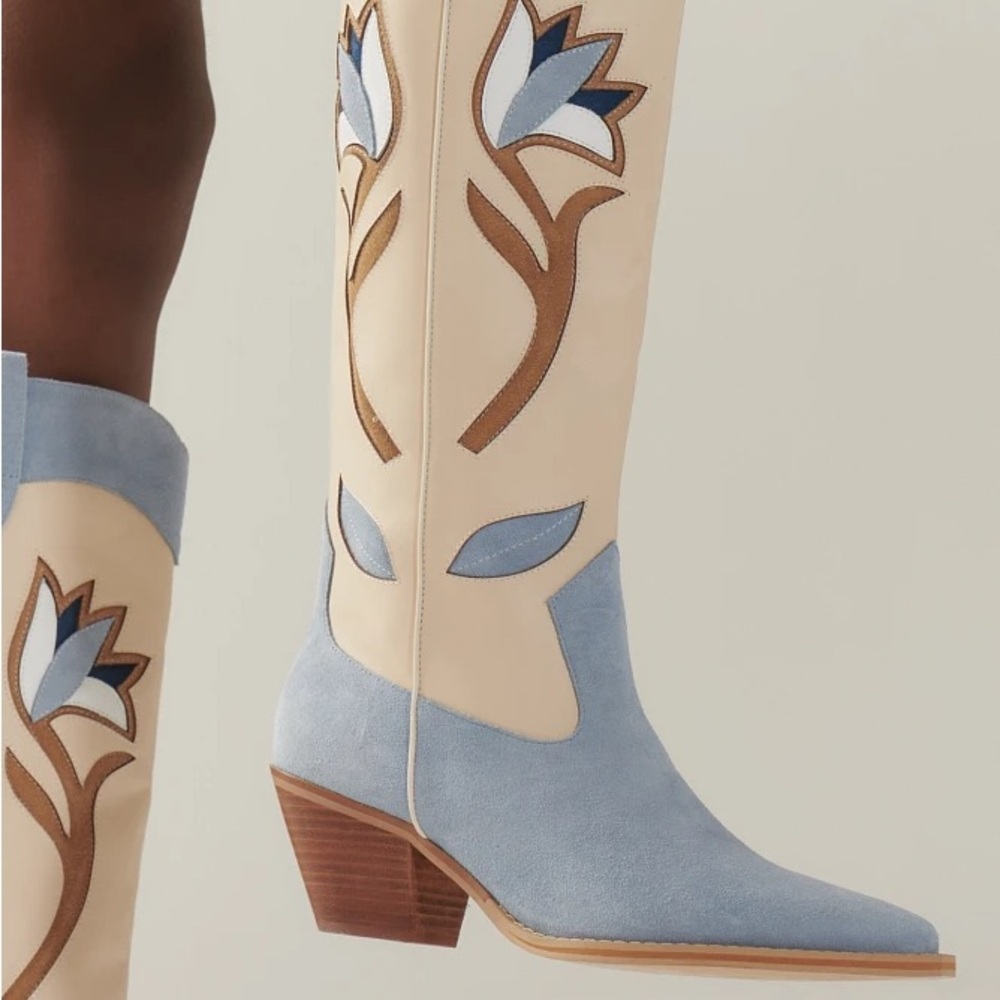 Anthropologie Blue and Cream Western Boots